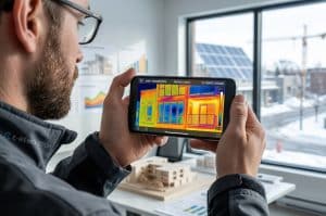 Professionnel du bâtiment réalisant un audit thermique sur smartphone pour une formation en rénovation énergétique.