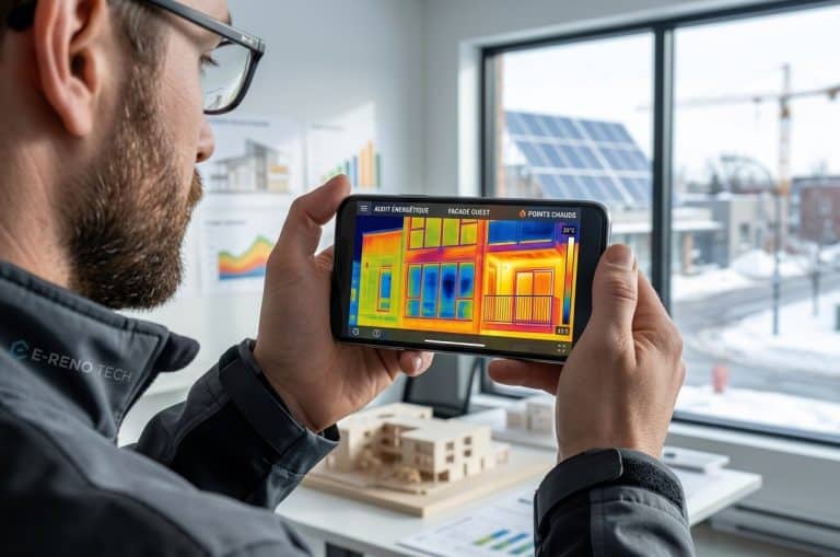 Professionnel du bâtiment réalisant un audit thermique sur smartphone pour une formation en rénovation énergétique.