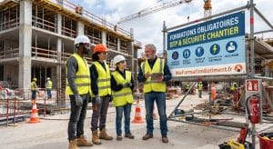 Artisan du bâtiment équipé de ses EPI sur un chantier sécurisé