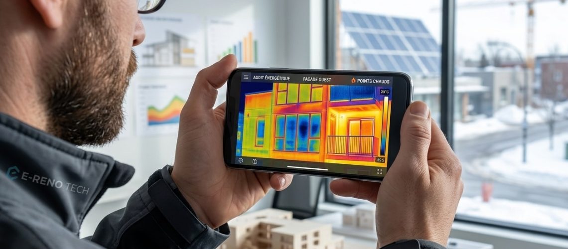 Professionnel du bâtiment réalisant un audit thermique sur smartphone pour une formation en rénovation énergétique.