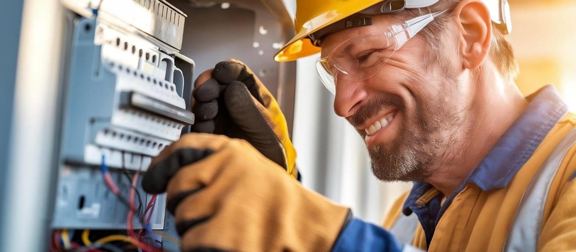 Électricien en bâtiment effectuant des opérations de maintenance sur un tableau électrique